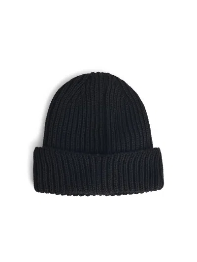 C.p. Company Black Knit Beanie With Googles Detail On The Front In Black
