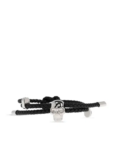 Alexander Mcqueen Skull Braided Leather Cord Bracelet Accessories In Black