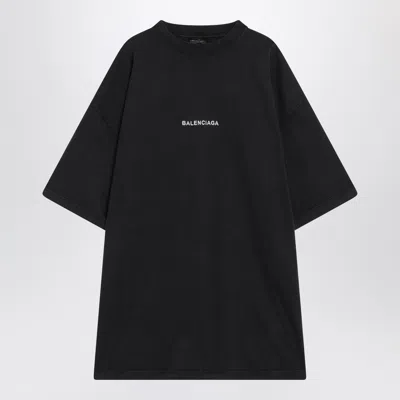 Balenciaga Men Black Crewneck T-shirt With Logo Lettering On The Front And Logo Patch On The Sleeve  In Multi