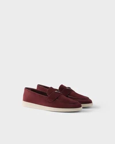 Prada Mens Burgundy Triangle-plaque Suede Loafers Eur 40.5 / 6.5 Uk In Brown