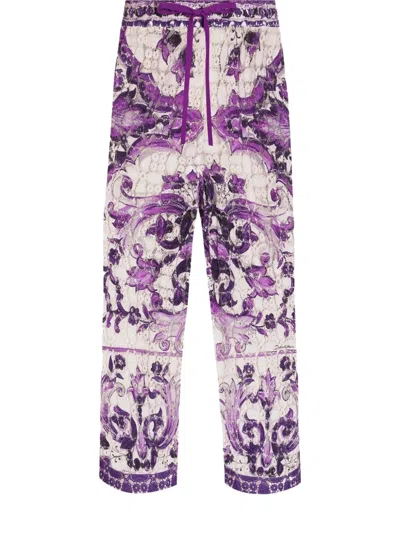 Dolce & Gabbana Pantaloni In Pizzo Crochet Stampa Maiolica In Purple