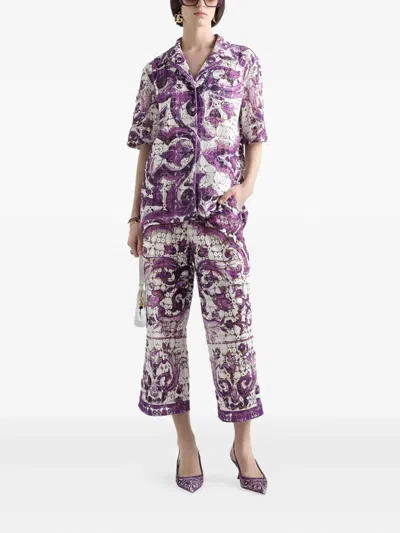 Dolce & Gabbana Pantaloni In Pizzo Crochet Stampa Maiolica In Purple