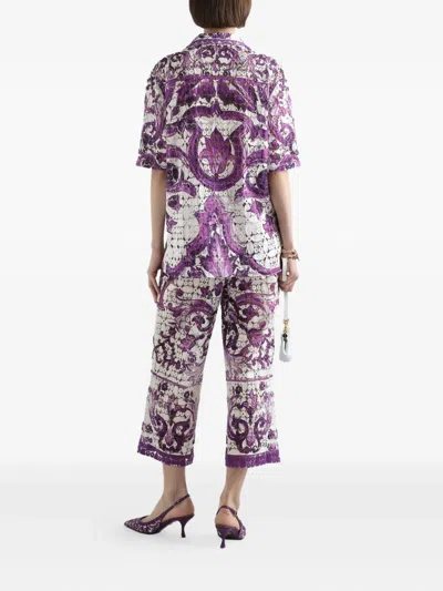 Dolce & Gabbana Pantaloni In Pizzo Crochet Stampa Maiolica In Purple