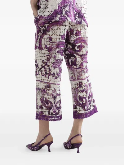 Dolce & Gabbana Pantaloni In Pizzo Crochet Stampa Maiolica In Purple