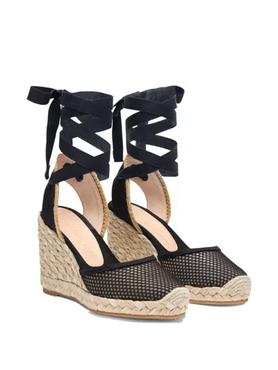 Stuart Weitzman Lace-up Mesh Wedge Sandals In Black