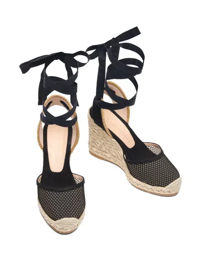 Stuart Weitzman Lace-up Mesh Wedge Sandals In Black