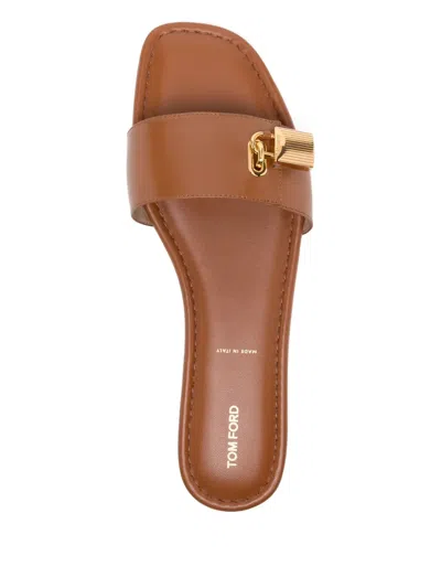 Tom Ford Leather Padlock-detail Slides In Brown