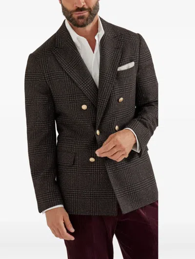 Brunello Cucinelli Prince Of Wales One-and-a-half Breasted Blazer With Metal Buttons Clothing In Brown