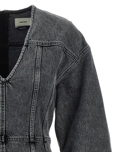 Haikure V-neckline Long Sleeves Denim Texture Visible Seams In Gray