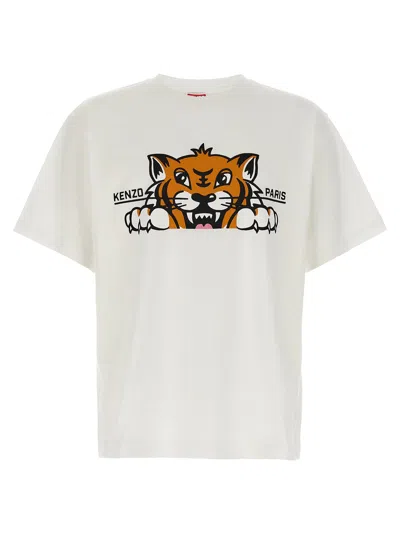 Kenzo 'gots Happy Tiger' White Crewneck T-shirt With Maxi Logo Embroidery On The Front And Logo Lettering In Neutral