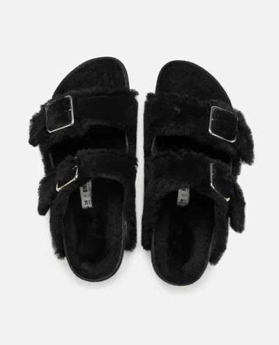 Birkenstock Black Shearling Sandals With Oversized Buckles In Black