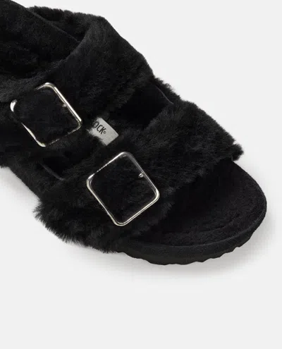 Birkenstock Black Shearling Sandals With Oversized Buckles In Black