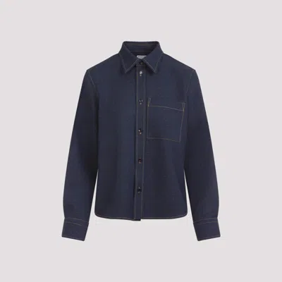 Bottega Veneta Classic Button-up Wool Shirt With Textured Finish In Blue