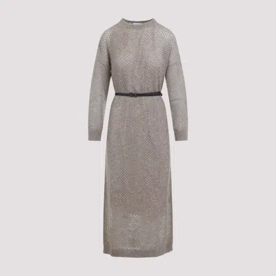 Brunello Cucinelli Long Fitted Dress With Textured Knit In Neutral