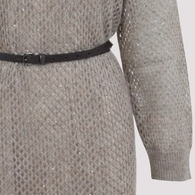 Brunello Cucinelli Long Fitted Dress With Textured Knit In Neutral