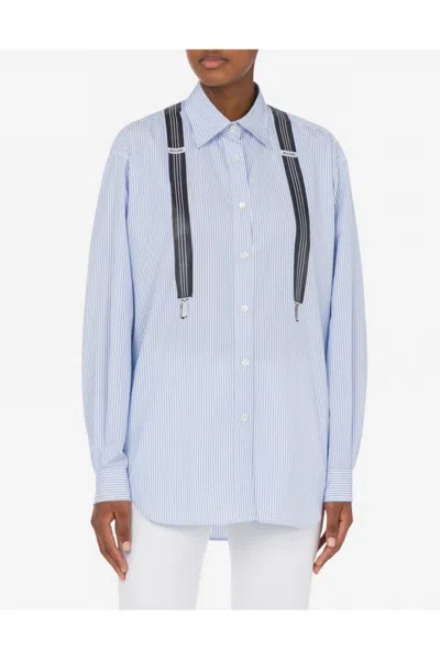 Moschino Multicolor Striped Cotton Shirt With Suspender Detail In Blue