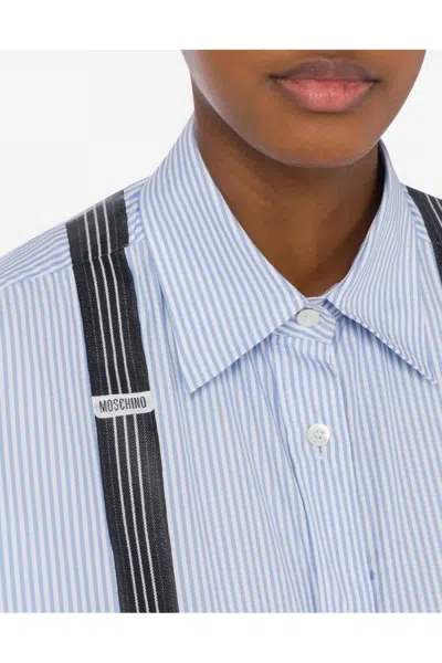 Moschino Multicolor Striped Cotton Shirt With Suspender Detail In Blue