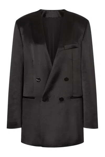 Philosophy Di Lorenzo Serafini Double-breasted Blazer With Structured Shoulders And Sheen In Black
