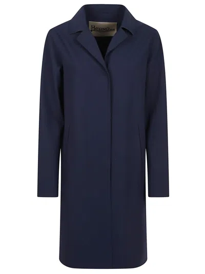 Herno Blue Coat With Concealed Closure And Collar In Stretch Polyamide Woman