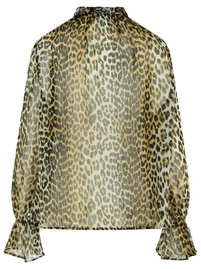 Ganni Leopard Print Viscose Shirt With Flared Hem In Brown