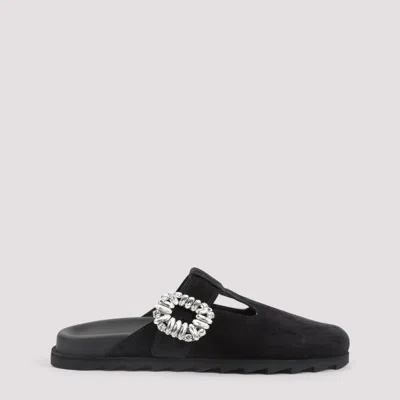 Roger Vivier Black Suede Slippers With Crystal Embellishments