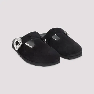 Roger Vivier Black Suede Slippers With Crystal Embellishments