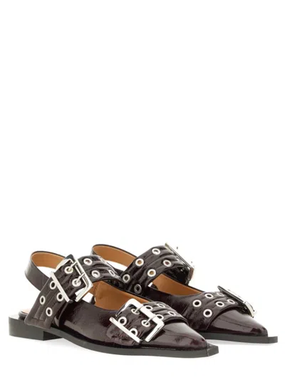 Ganni Black Croco Print Slingback Ballet Flat Shoe With Buckles