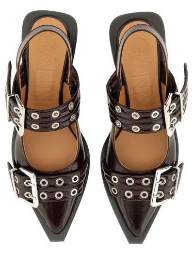 Ganni Black Croco Print Slingback Ballet Flat Shoe With Buckles