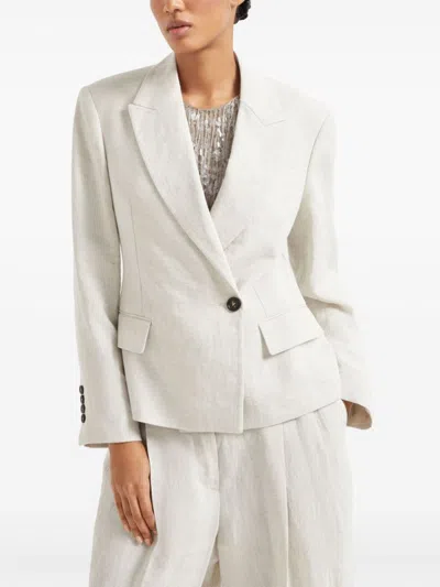 Brunello Cucinelli Double-breasted Off-white Jacket With Notched Lapel In White