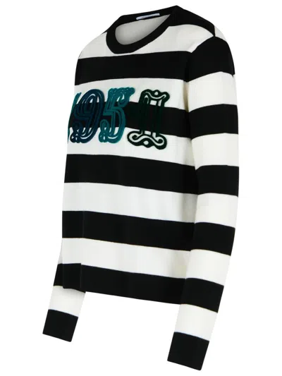 Max Mara Striped Cream Wool Sweater With Embroidered Logo Detail In Black