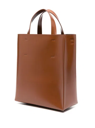 Marni Structured Brown Calf Leather Shoulder Bag In Orange