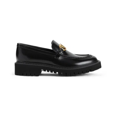 Valentino Garavani Black Leather Loafers With Gold-tone V-logo Detail