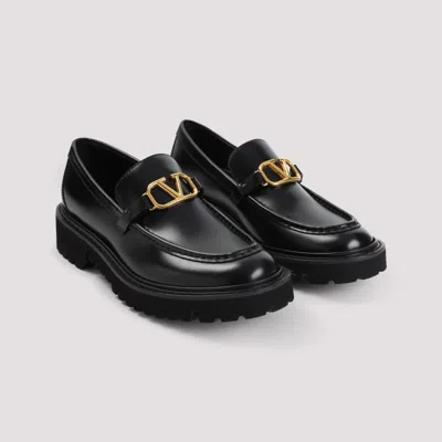 Valentino Garavani Black Leather Loafers With Gold-tone V-logo Detail