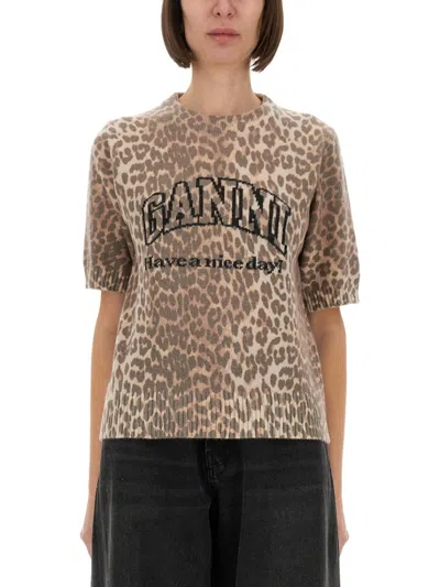 Ganni Leopard Print Wool Mix T-shirt