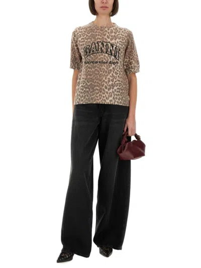 Ganni Leopard Print Wool Mix T-shirt