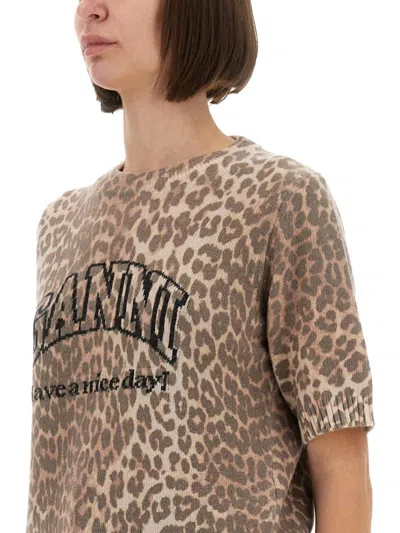 Ganni Leopard Print Wool Mix T-shirt