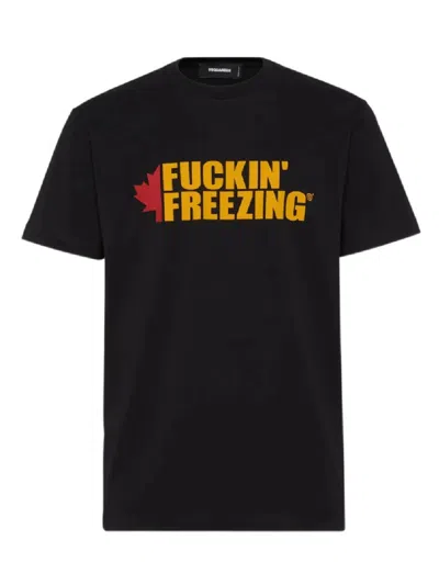 Dsquared2 Black Crewneck T-shirt With Print On The Front And Logo Lettering On The Rear In Cotton Man In Black