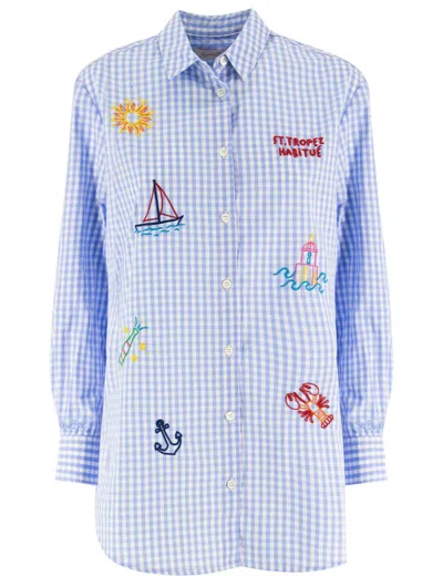 Mc2 Saint Barth Long-length Oversized Gingham Shirt With Embroidered Motifs