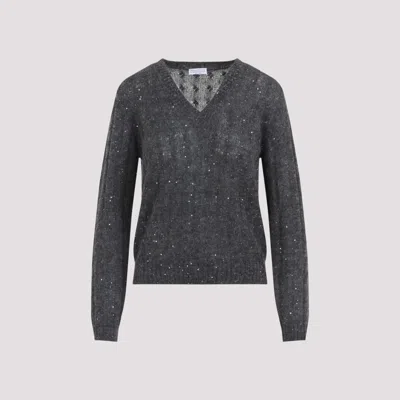 Brunello Cucinelli Textured Ribbed V-neck Sweater With Sparkling Details In Gray