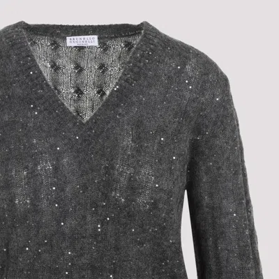 Brunello Cucinelli Textured Ribbed V-neck Sweater With Sparkling Details In Gray