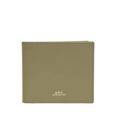 Apc A.p.c. Embossed Green Leather Wallet With Goldtone Logo