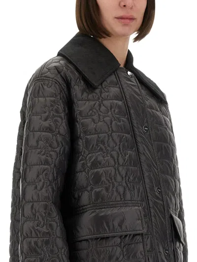 Ganni Quilted Midi Jacket With Textured Surface In Black