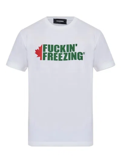 Dsquared2 White Crewneck T-shirt With Print On The Front And Logo Lettering On The Rear In Cotton Man In White
