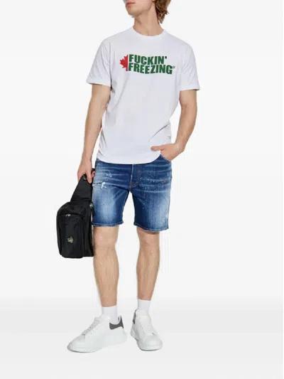 Dsquared2 White Crewneck T-shirt With Print On The Front And Logo Lettering On The Rear In Cotton Man In White