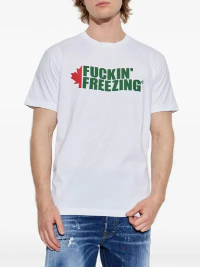 Dsquared2 White Crewneck T-shirt With Print On The Front And Logo Lettering On The Rear In Cotton Man In White