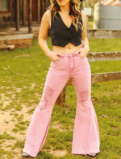 Lucky & Blessed High Rise Denim Flare Jeans In Acid Wash Pink