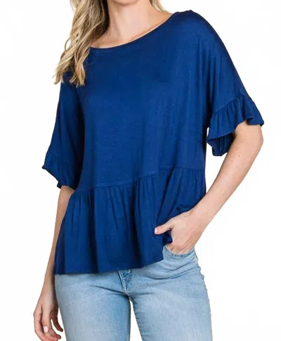 Culture Code Boat Neck Tiered Ruffle Sleeve Top In Ink Blue In Blue