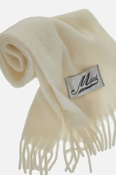 Marni Fringed Wool Scarf With Logo Label In Neutral