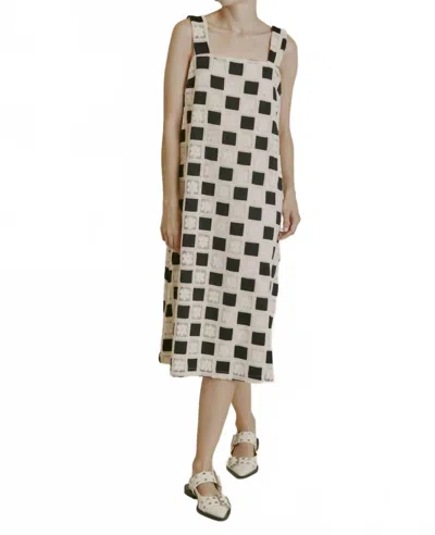 Aureum Checkerboard Crochet Midi Dress In Black And Ivory