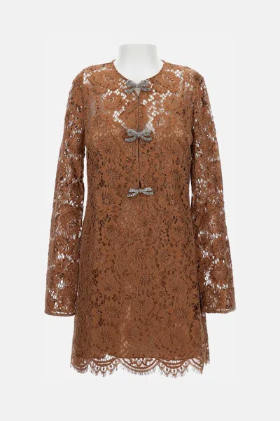 Self-portrait Womens Tan Lace Bow-embellished Woven Mini Dress